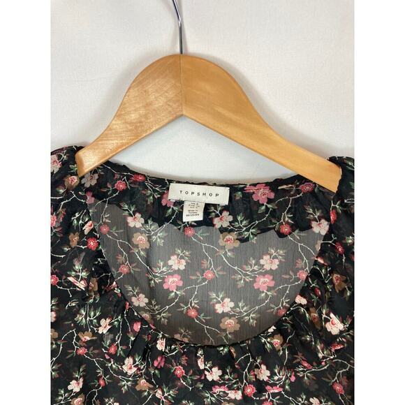 Topshop Black Floral Semi Sheer Blouse Size 4 - Picture 5 of 9